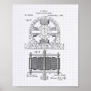 Nikola Tesla 1888 Patent Art - Lined Peper Poster