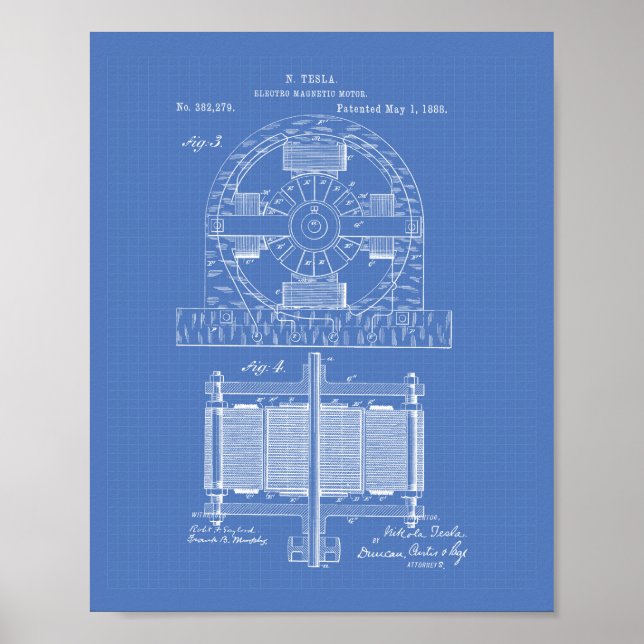 Nikola Tesla 1888 Patentart - Blueprint Poster (Vorne)