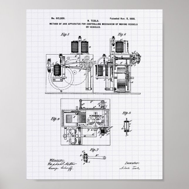 Nikola Tesla 1898 Patent Art - Lined Peper Poster (Vorne)