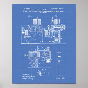 Nikola Tesla 1898 Patent Kunst - Blaupause Poster