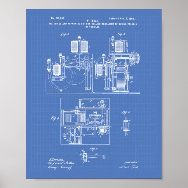 Nikola Tesla 1898 Patentart - Blueprint Poster (Vorne)