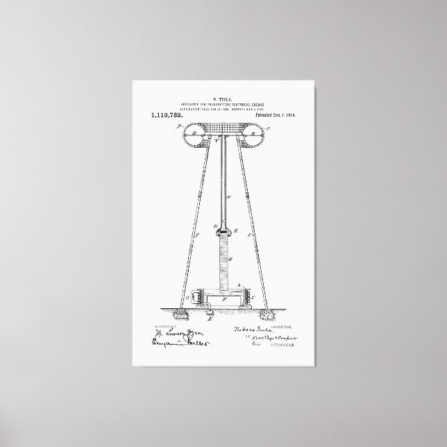Nikola Tesla Energy Transmission Pantent US1119732 Leinwanddruck (Vorderseite)