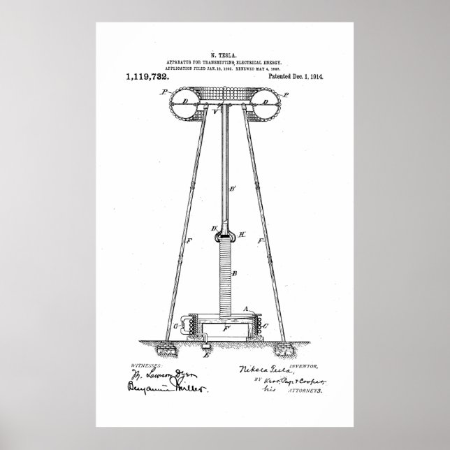 Nikola Tesla Energy Transmission Pantent US1119732 Poster (Vorne)