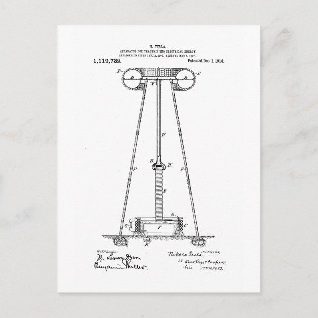 Nikola Tesla Energy Transmission Pantent US1119732 Postkarte (Vorderseite)