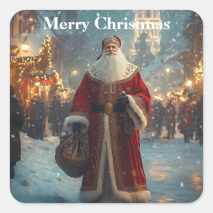 Nikolaus im festlichen Snowy Village Quadratischer Aufkleber
