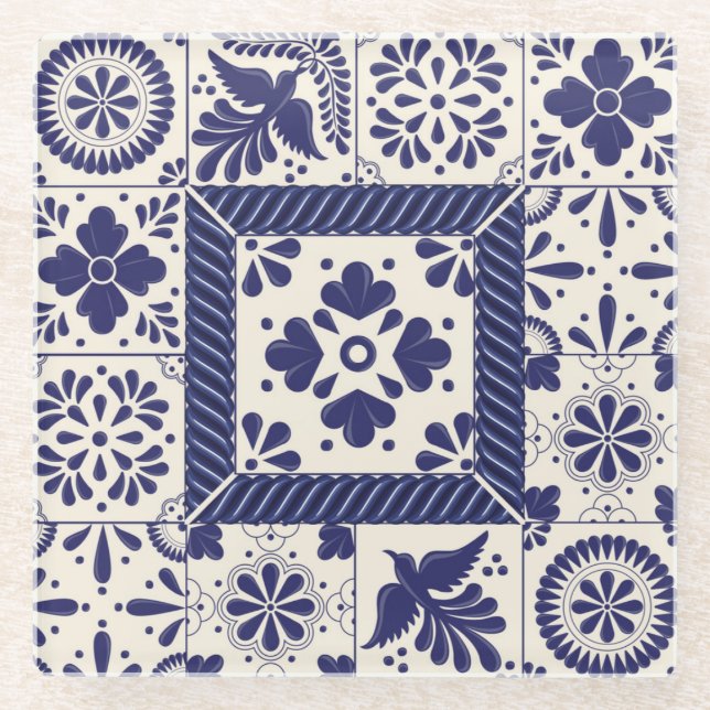 Nil Blue Mexican Traditional Birds Talavera Glasuntersetzer (Vorderseite)