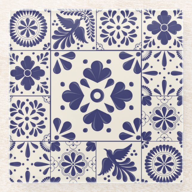 Nil Blue Mexican Traditional Floral Talavera Glasuntersetzer (Vorderseite)