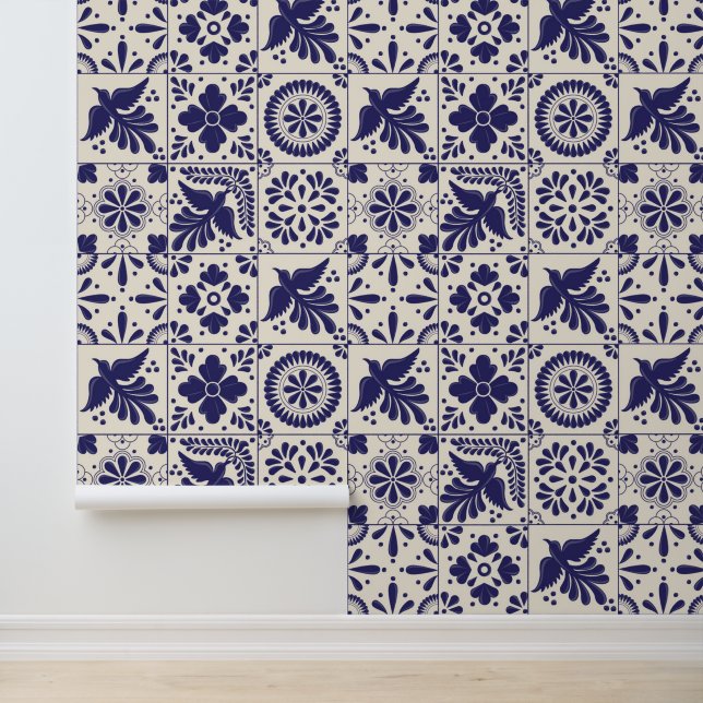 Nile Blue Linen Mexican Traditional Talavera Tiles Tapete (Anwendung)