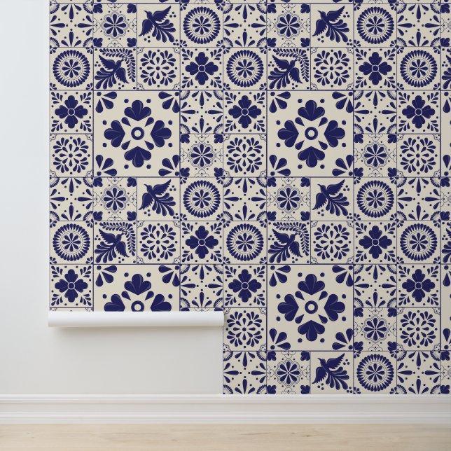 Nile Blue Linen Mexican Traditional Talavera Tiles Tapete (Anwendung)