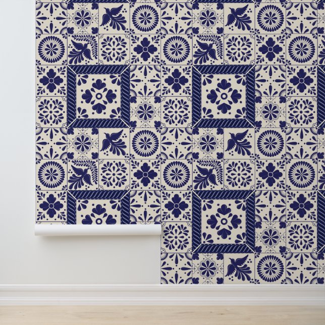 Nile Blue Linen Mexican Traditional Talavera Tiles Tapete (Anwendung)