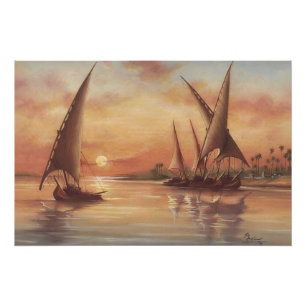 Nile-Fluss-Sonnenuntergang-Feluken-Kunst Poster