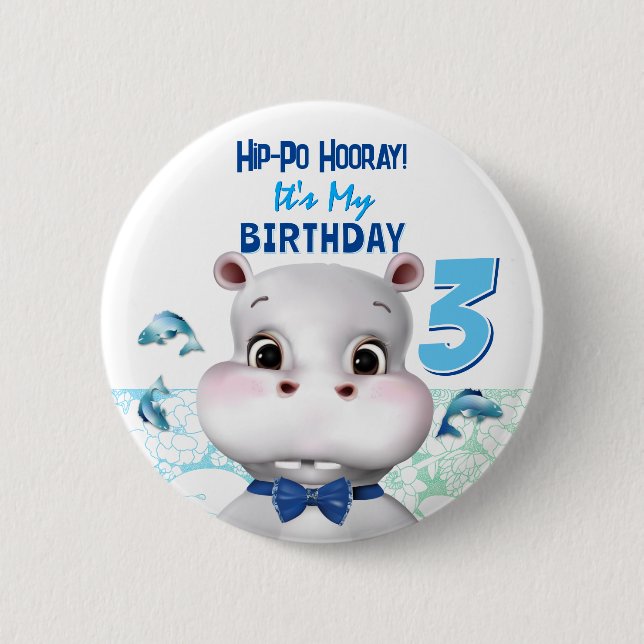 Nillpferd Blau Fisch Junge Geburtstag Button (Vorderseite)