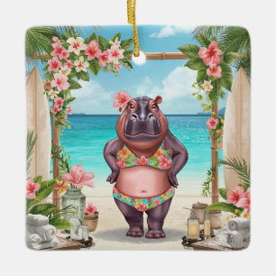 Nilpferd-Aktion am Strand in Hawaii-Bikini Keramikornament