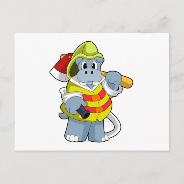 Nilpferd als Feuerwehrmann mit Axt Postkarte (Vorderseite)