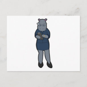 Nilpferd als Sekretär mit Notizblock und Stift Postkarte