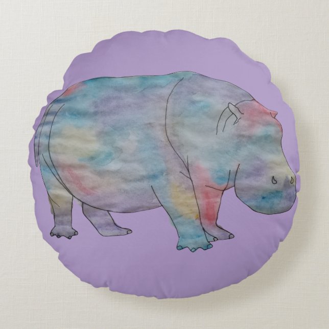 Nilpferd-Aquarell Rundes Kissen (Vorderseite)
