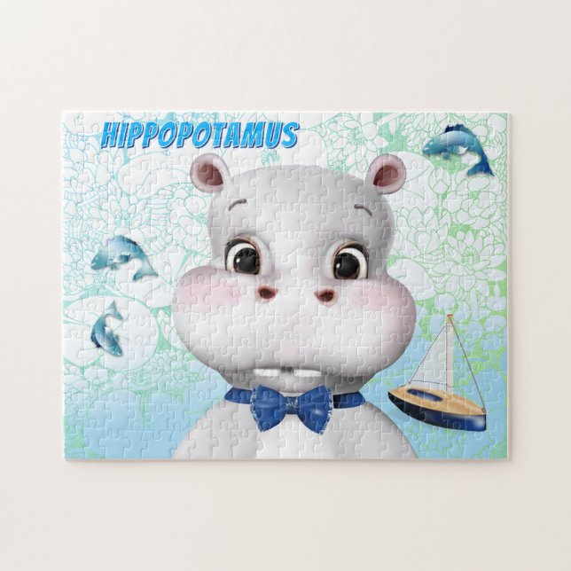 Nilpferd Blaue Fische Kinder Puzzle (Horizontal)
