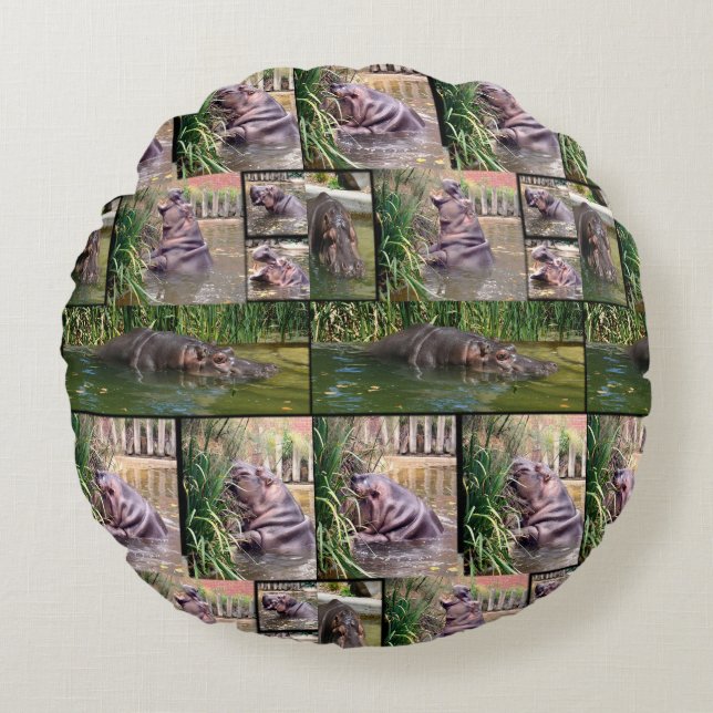 Nilpferd-Foto-Collage, Rundes Kissen (Vorderseite)