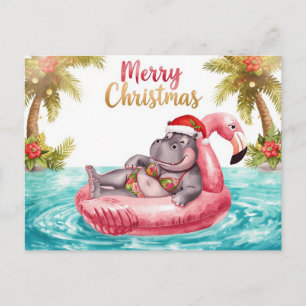 Nilpferd im Bikini auf der Weihnachtspoolparty Feiertagspostkarte