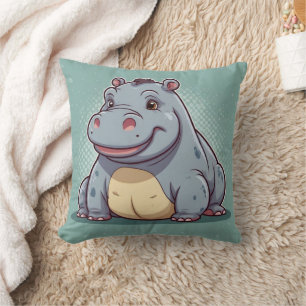 Nilpferd Lustiges Kawaii Blaues Design  Kissen