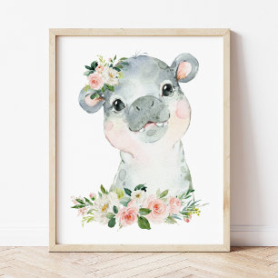 Nilpferd, Safari, Dschungel, rosa Blumen, Mädchen- Poster