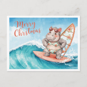 Nilpferd-Surfer auf Surfbrett an Weihnachtsfeierta Feiertagspostkarte