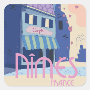 Nîmes France Reiseplakat drucken. Quadratischer Aufkleber