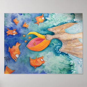 "Nimm den Sprung!" Pelican & Fish Art Poster