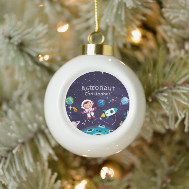 Niña astronauta en la luna, nombre monogramado keramik Kugel-Ornament (Baum)