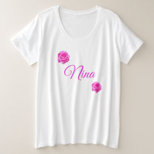 Nina, Name Logo mit rosa Rosen, Große Größe T-Shirt