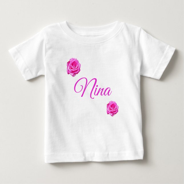 Nina, Name mit rosa Rosen Baby T-shirt (Vorderseite)