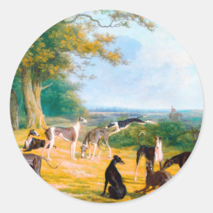 Nine Greyhounds in einer Landschaft von Jacques La Runder Aufkleber