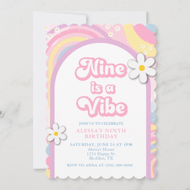 Nine ist ein Vibe Groovy, Retro Girl Pastel Colors Einladung (Vorderseite)