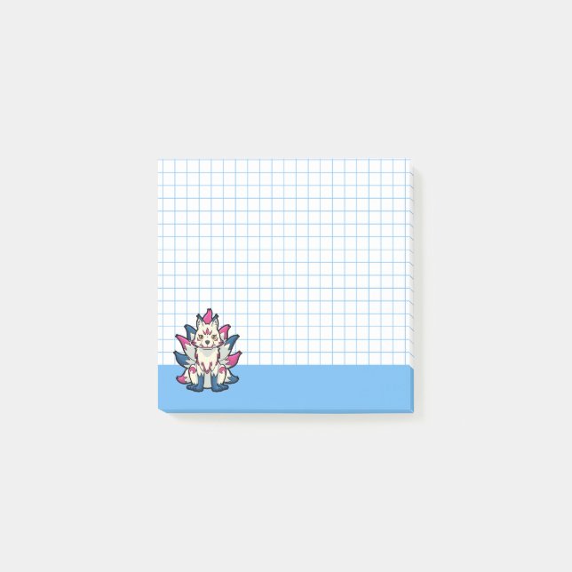 Nine-Tailed Kitsune- Japanese Fox Yokai Blue Grid Post-it Klebezettel (Vorderseite)