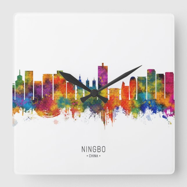 Ningbo China Skyline Quadratische Wanduhr (Vorderseite)