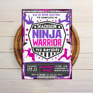Ninja Athletic Warrior Pink Lila Geburtstagsparty Einladung