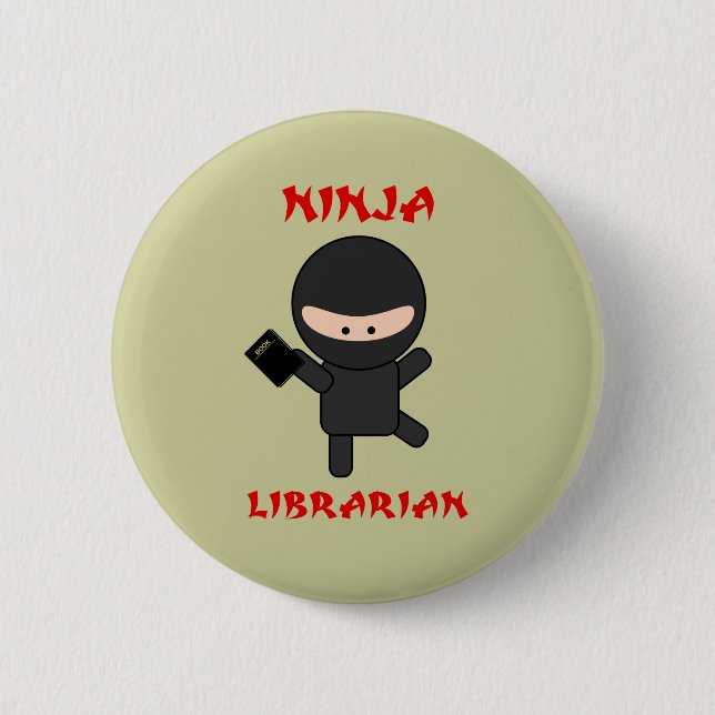 Ninja Bibliothekar mit Buch Button (Vorderseite)