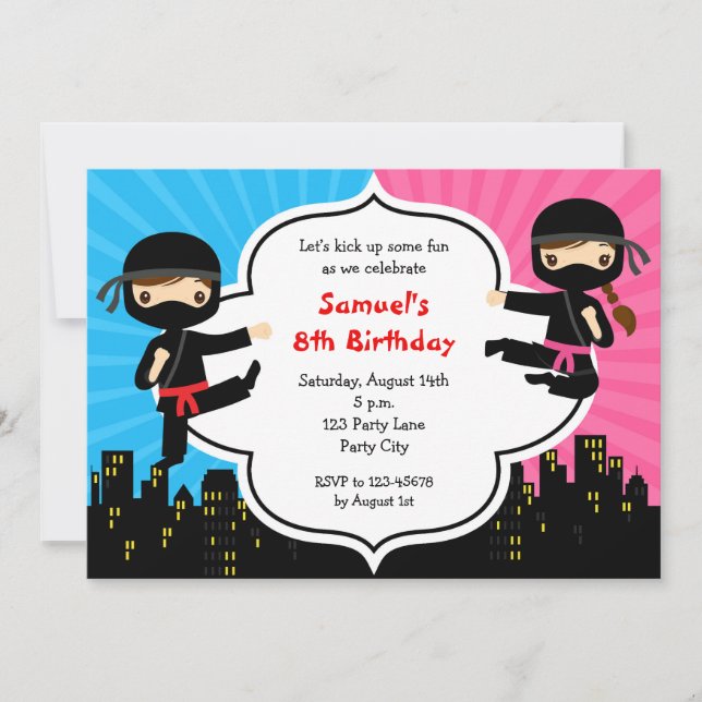 Ninja Birthday Invitations Boy Girl Twins Split Einladung (Vorderseite)