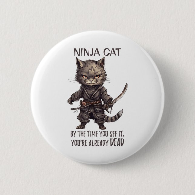 Ninja Cat, Japanisch Samurai Kawaii Cat Tattoo Fun Button (Vorderseite)