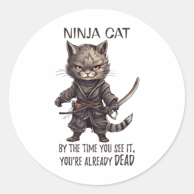 Ninja Cat, Japanisch Samurai Kawaii Cat Tattoo Fun Runder Aufkleber (Vorderseite)