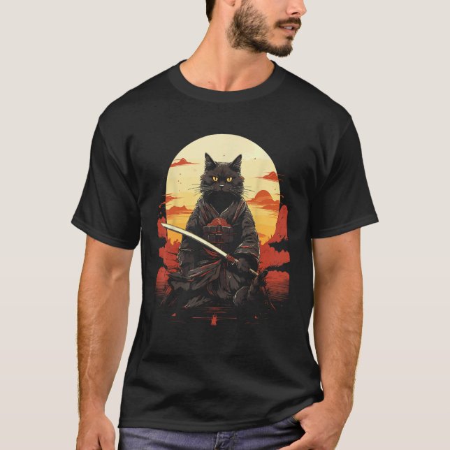 Ninja Cat Samurai Sword Meow Warrior T-Shirt (Vorderseite)