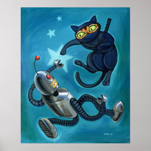 Ninja cat vs Robot Poster