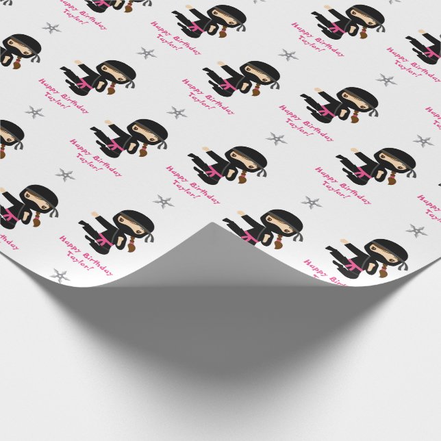 Ninja Gift Wrap Girl Pink Black Personalisiert Geschenkpapier (Ecke)