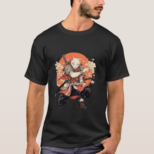 Ninja kämpft japanischer Krieger Katze Samurai T-Shirt (Vorderseite)