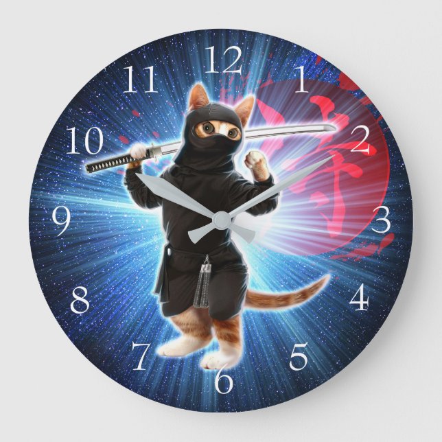Ninja Katze im Weltraum. Große Wanduhr (Vorderseite)