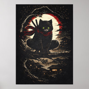 Ninja-Katze, Lustige japanische Anime-Tätowierung Poster