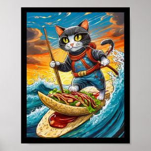 Ninja-Katze surft auf einem Taco-Surfbrett mit Hot Poster