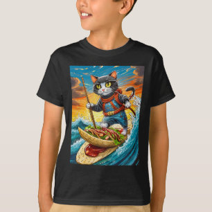 Ninja-Katze surft auf einem Taco-Surfbrett mit sch T-Shirt