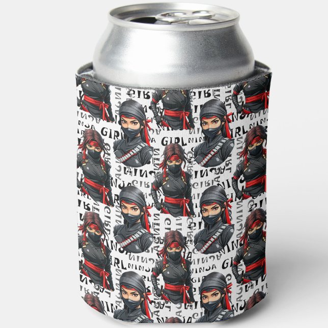 Ninja-Mädchen Anime mit Textmuster-Design Dosenkühler (Von Creator hochgeladen)
