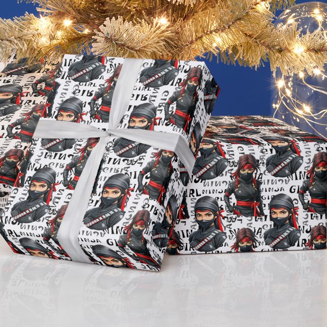 Ninja-Mädchen Anime mit Textmuster-Design Geschenkpapier (Von Creator hochgeladen)